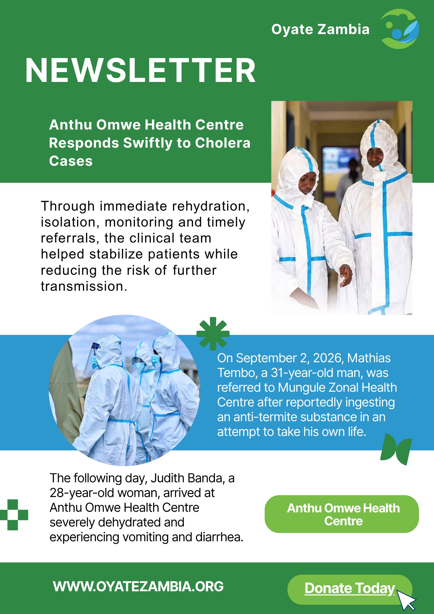 Anthu Omwe Health Centre Responds Swiftly to Cholera Cases